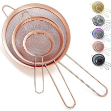 3 Pieces Set of Rose Gold Fine Mesh Colander, Copper Flour Sieve for Baking, Stainless Steel Strainer, Sauce Separator, Stasher Pasta Strainers Sieve