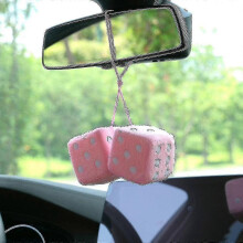 (Pink) 1 Pair Plush Dice Of Retro Square Mirror Hanging Couple With Dots For Car Interior Ornament Decoration szkyd