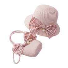 Conjunto de sombreros de paja y bolso peque?o para ni?as de color rosa con decoraci?n de lazo, sombrero de verano para playa, viajes y senderismo