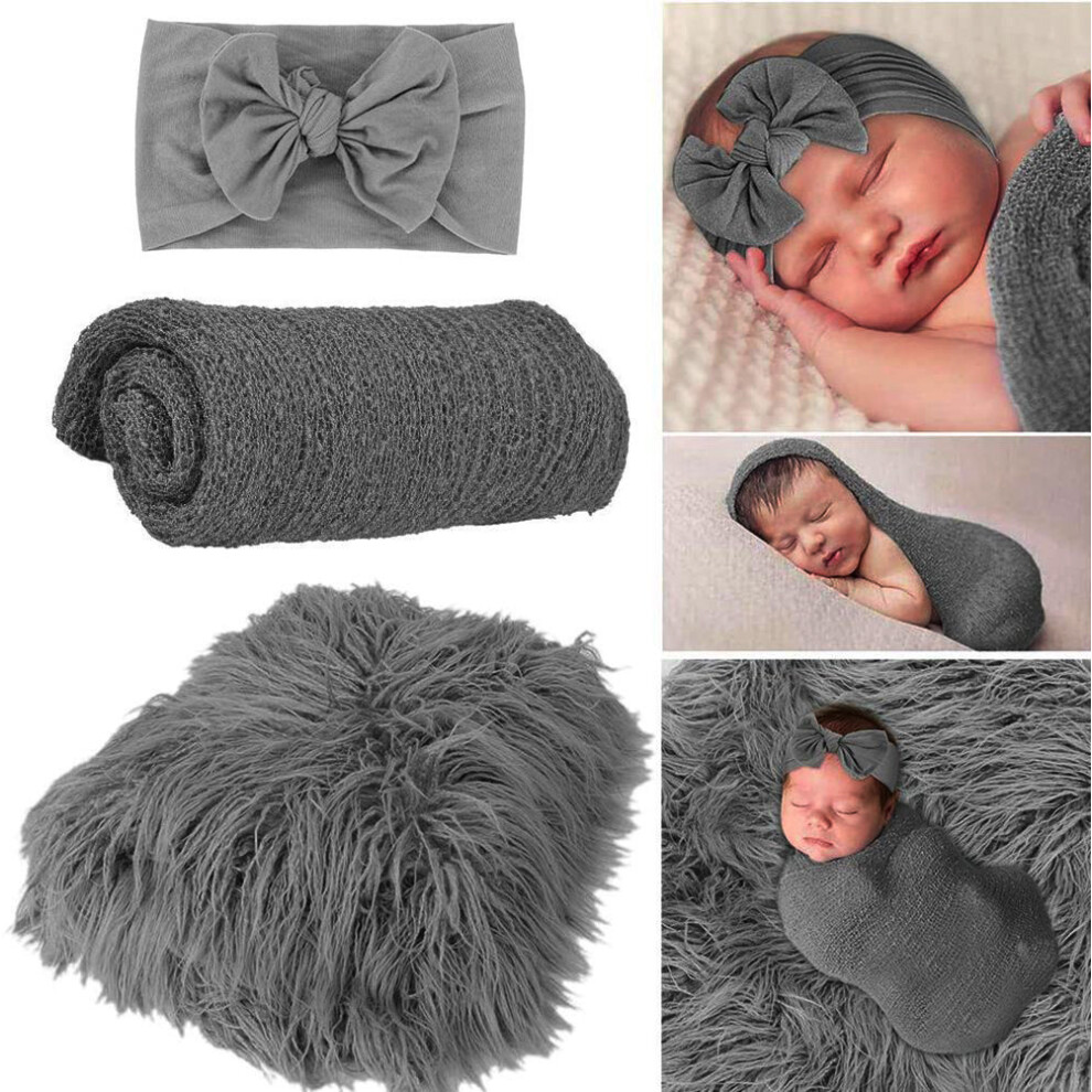 3Pcs Newborn Photography Props Multi-Purpose Swaddle Wrap Photography Mat And Headband Gray 9469042670670