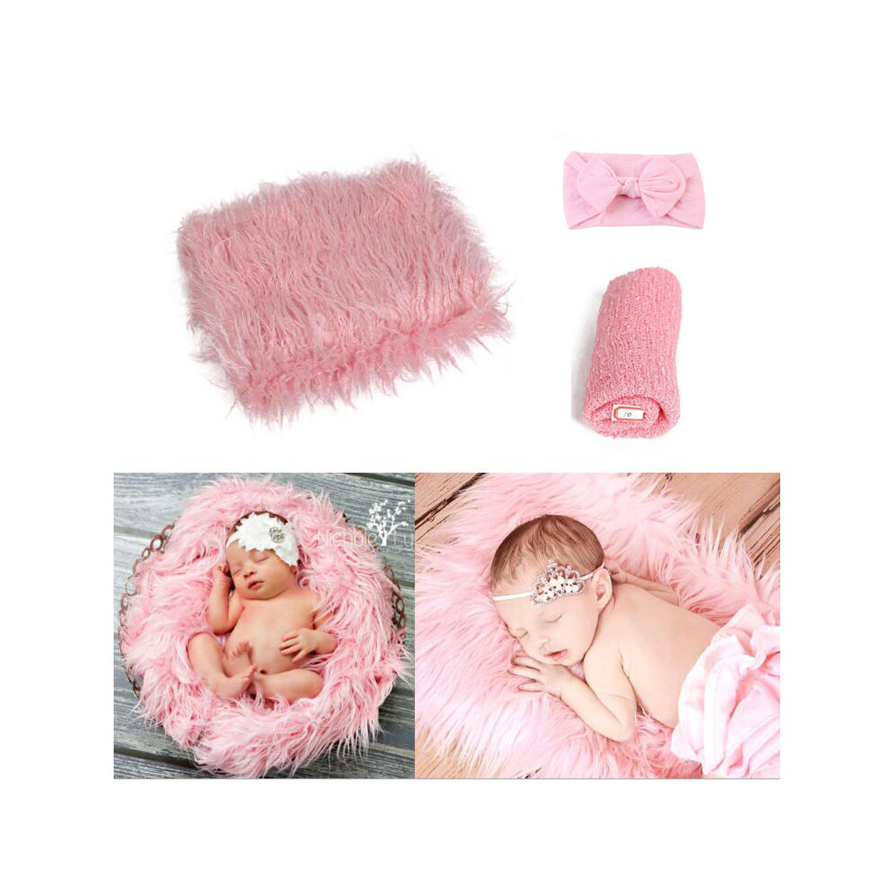 3Pcs Newborn Photography Props Multi-Purpose Swaddle Wrap Photography Mat And Headband Pink 9469042670687