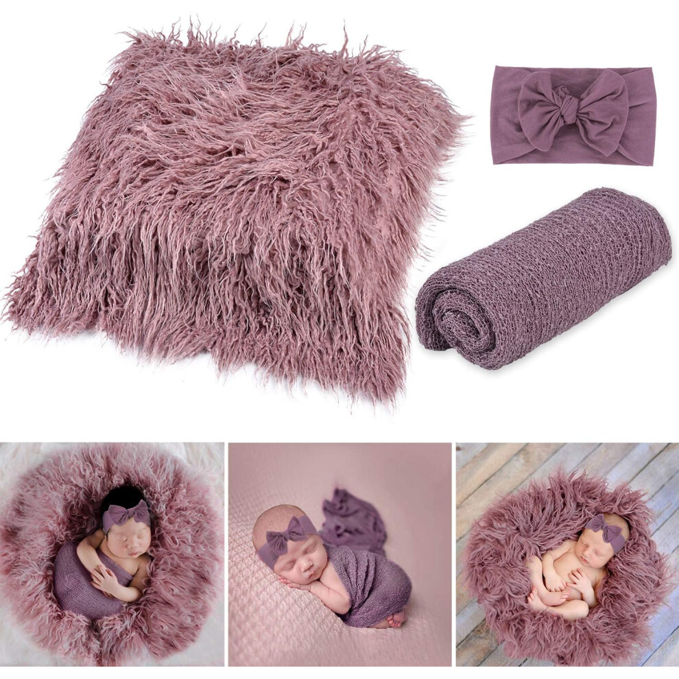 3Pcs Newborn Photography Props Multi-Purpose Swaddle Wrap Photography Mat And Headband Purple 9469042670663
