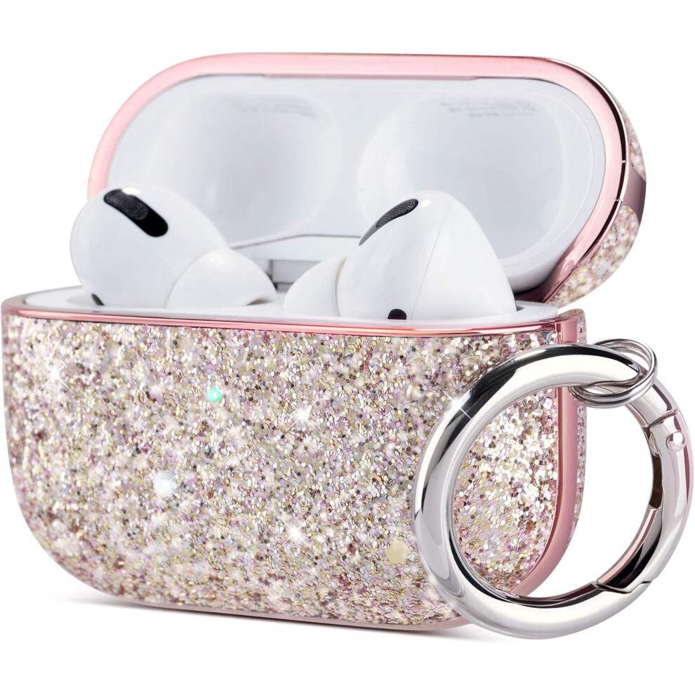 Glitter Airpods Pro Case, (Rose ), Airpods Pro Case Protective Cover Accessories Shockproof With Carabiner, Support Wireless Charging [Visible Led Gold 9469042671714