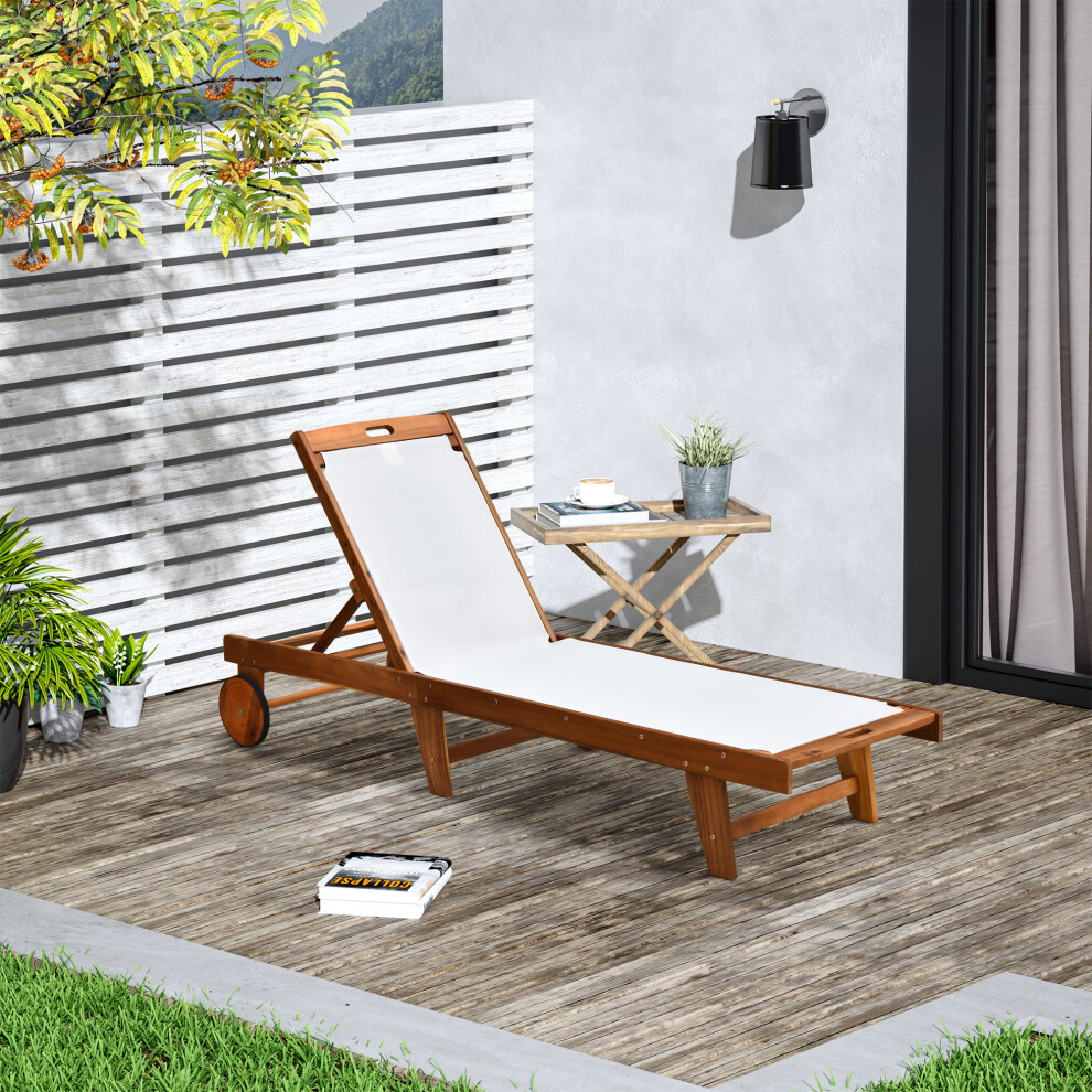 Outsunny Outdoor Texteline Chaise Sun Lounger with Wheels - Acacia Wood, Adjustable Backrest (84B-325)