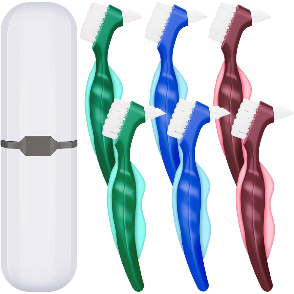 Lifeasy White 6 Pieces Toothbrushes Hard Denture Brush Cleaning Brush With Carrying Case For False Teeth Cleaning