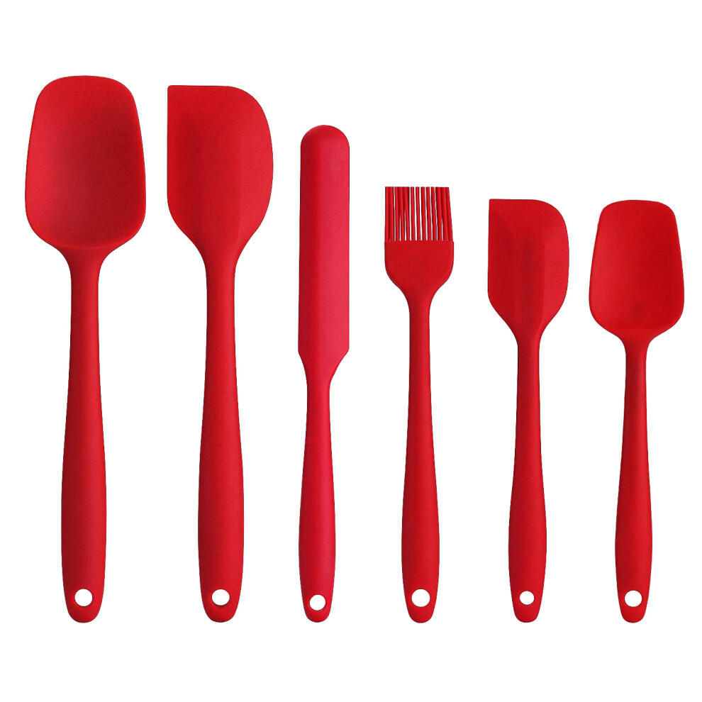 Spatula Set Silicone Kitchen Utensils Set Silicone Brush Heat Resistant Food Grade Non-Stick, for Cooking Baking Cake Decorating (6-Set Red)