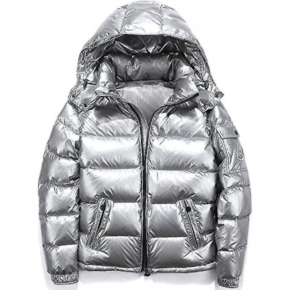 (Silver, 3XL) Shiny Down Jacket Men's Winter Jacket Stand Collar Down Jacket With Hood
