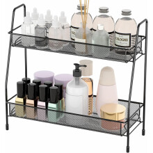 Bathroom Storage Spice Rack - 2 Tier Kitchen Storage & Organisation, Small Bathroom Organiser for Countertop, Home and Office (Black)