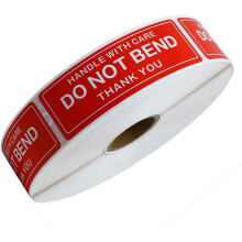 Rol / 150 etiketten, rood kleefetiket "Voorzichtig behandelen, niet buigen, bedankt" voor zorgvuldige behandeling en verpakking (25 mm x 75 mm)