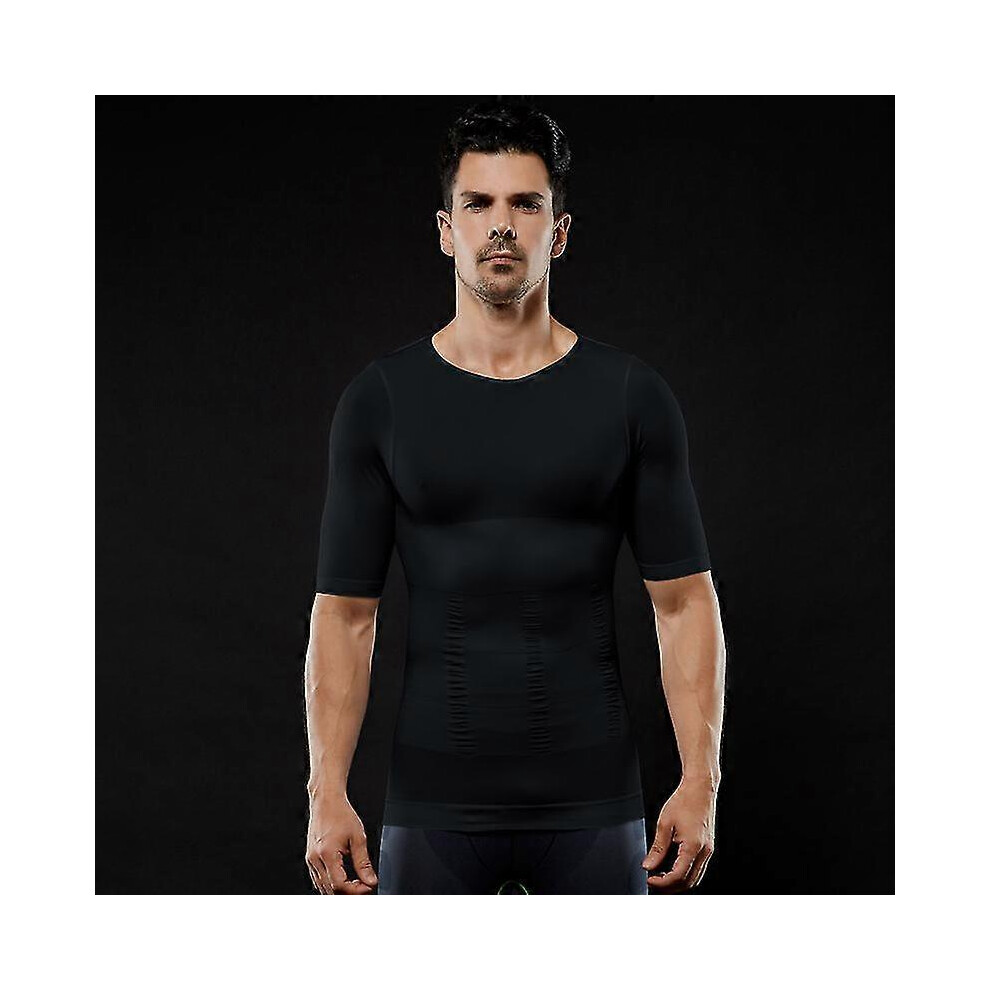 (, Xxl) Men Body Shaper Compression Shirt Slimming Tops Abdominal Shapewear Workout T Shirt Black