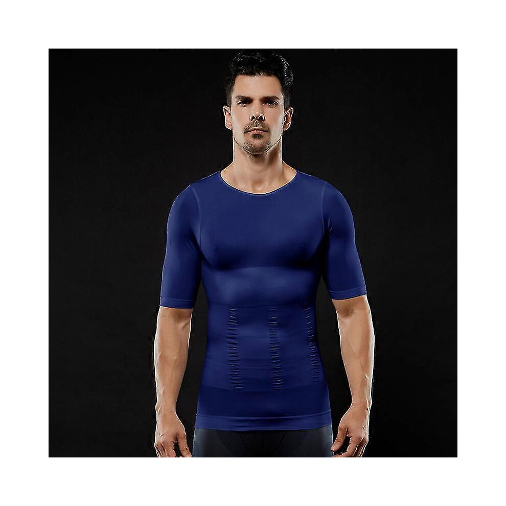 (, Xl) Men Body Shaper Compression Shirt Slimming Tops Abdominal Shapewear Workout T Shirt Blue