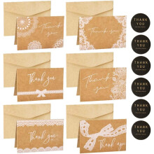 Verpakking met 12 kraftpapieren bedankkaartjes. Bevat 6 verschillende modellen. Met 12 enveloppen en stickers voor bruiloften, babyshowers en Thanksgi