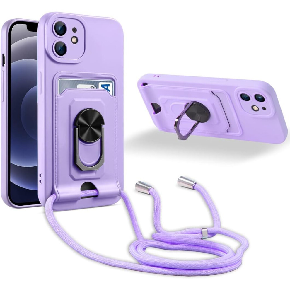 Necklace Lanyard Case- Compatible With Iphone 12, 360 Ring Holder With Card Slot Camera Protection Silicone Case Purple 9469042685001