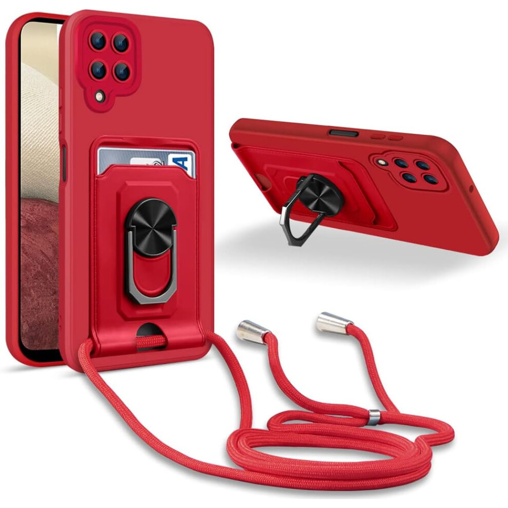 Necklace Lanyard Case- Compatible With Samsung Galaxy A12/M12, 360 Ring Holder With Card Slot Camera Protection Silicone Case Red 9469042684974