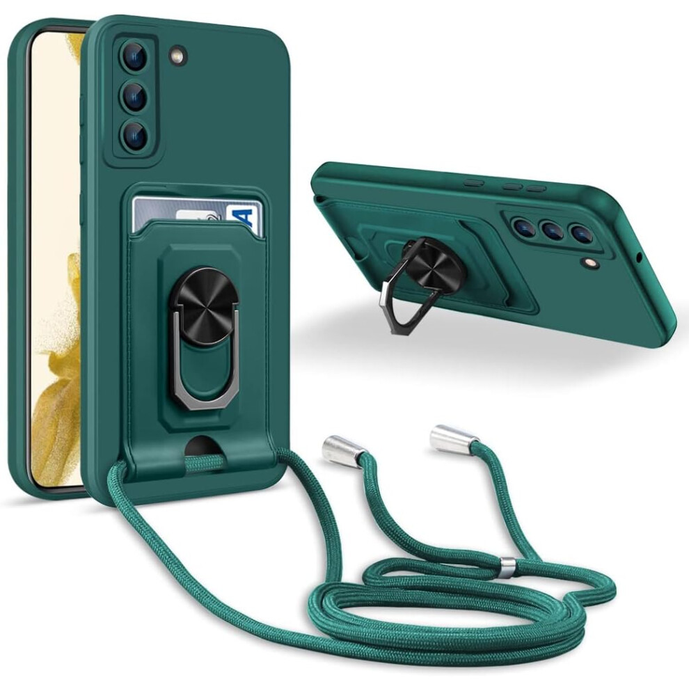 Lanyard Strap- Compatible With Samsung Galaxy S22, 360 Ring Holder With Card Slot Camera Protection Silicone Case Green 9469042684981
