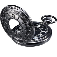 Reloj de bolsillo vintage de cuarzo negro con n?meros romanos y cadena.