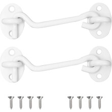 (100mm, white) Set of 2 weatherproof stainless steel hooks with eyelets for doors, garages, windows, sheds, gates.