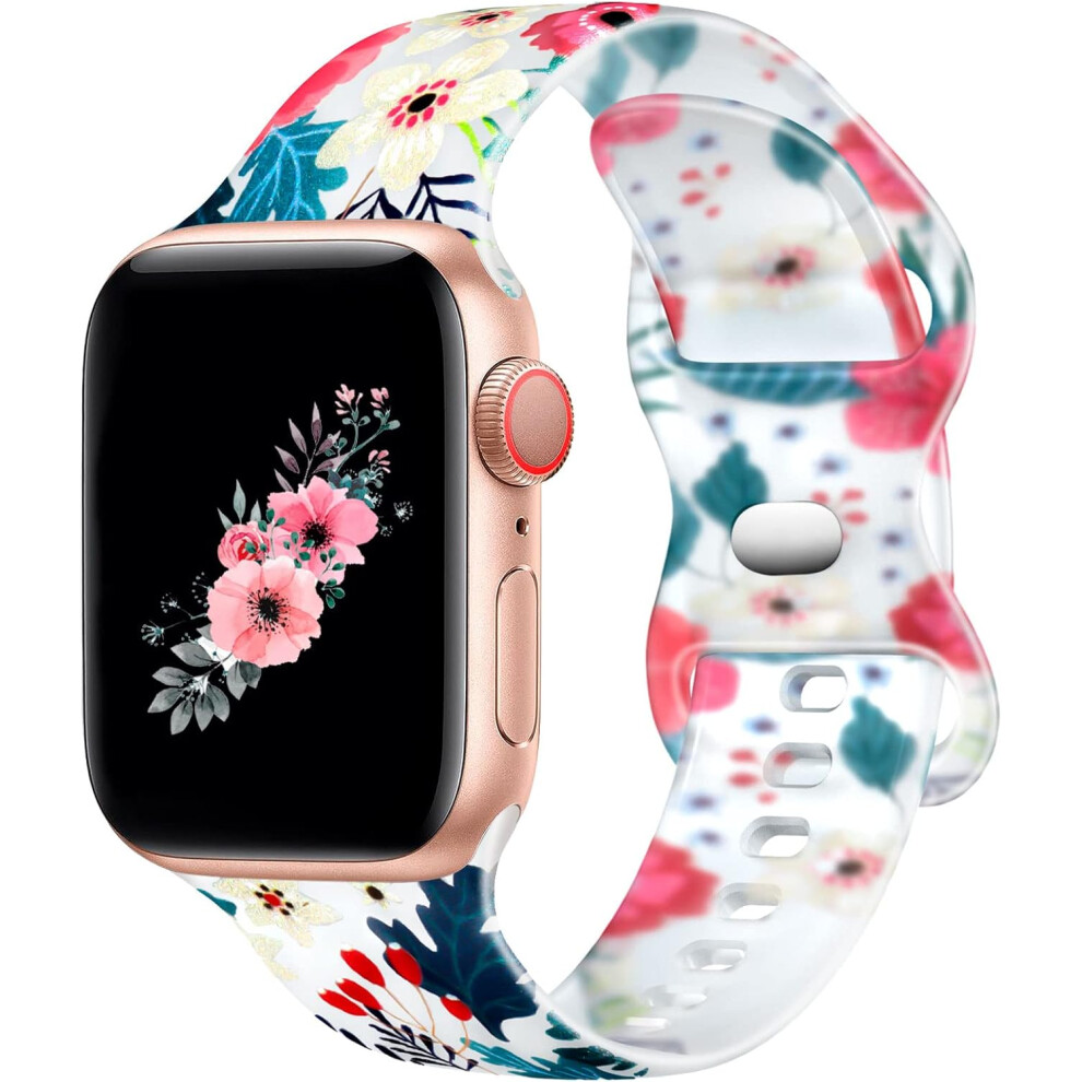 Photos - Watch Strap Soft Silicone Strap Compatible with Apple  38mm 40mm 41mm for Women, Floral Print Pattern Strap for i
