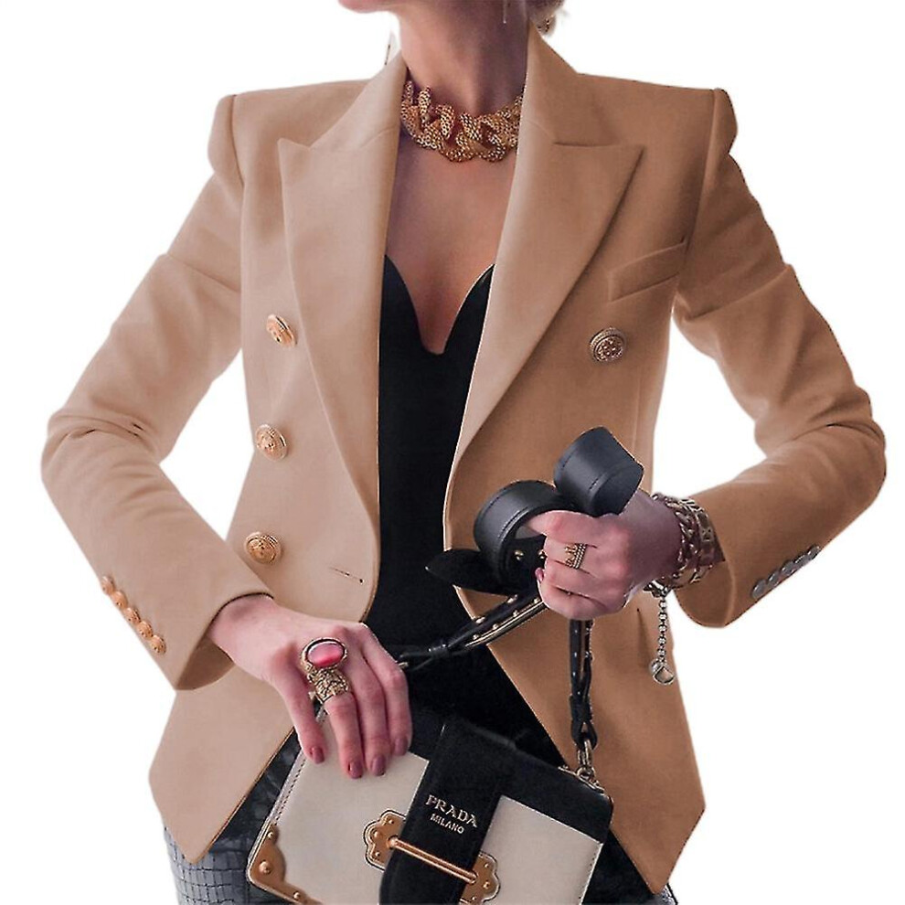 (S, Khaki) Mytjv-Womens Double-Breasted Blazer Coat Long Sleeve Lapel Formal Slim Jacket Outwear 5062994794773