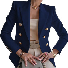 (L, Navy Blue) Mytjv-womens Double-breasted Blazer Coat Long Sleeve Lapel Formal Slim Jacket Outwear