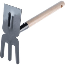 Kleine Metallschaufel mit stabiler Doppelspitzhacke Kurzstiel zum Unkraut jäten (3 Zinken, rechteckig, mit Holzstiel)