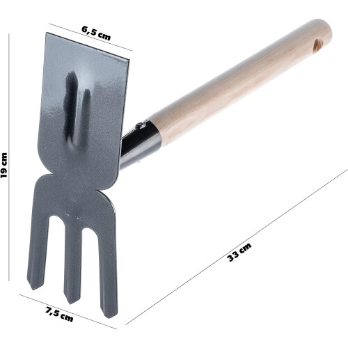 Peque?a pala de metal con pico doble resistente de mango corto para desmalezar (3 puntas, rectangular, con mango de madera) 2