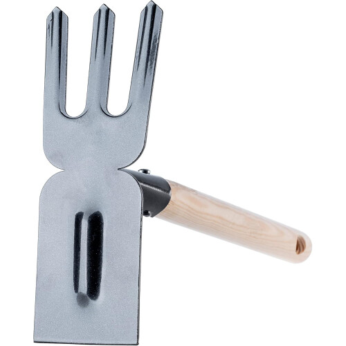 Peque?a pala de metal con pico doble resistente de mango corto para desmalezar (3 puntas, rectangular, con mango de madera) 1