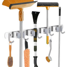 Stainless Steel Wall Mounted Broom Holder – 4 Slots & 5 Hooks, SUS304 Weatherproof Organizer for Kitchen, Laundry, Garage