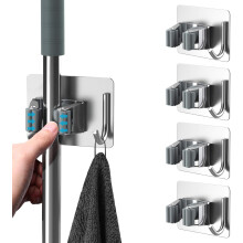 pezzi Porta Scopa, Porta Scopa a Parete Senza Forare, Porta Mocio Adesivo con Ganci per Cucina Bagno Giardino Argento