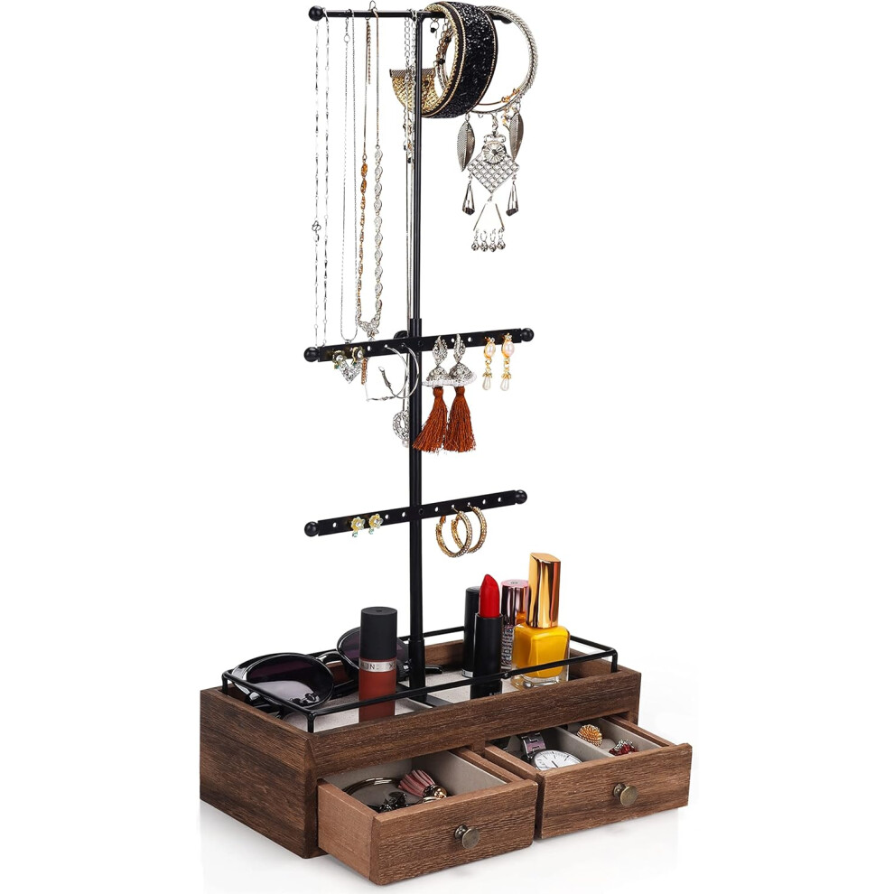 Sieraden displaystandaard - 3-laags sieraden displaystandaard met opbergdoos en 2 lades - Verstelbare sieraden displaystandaard voor dames - Geschikt