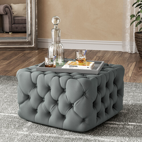 Living And Home Grey Velvet Buttoned Tufted Footstool 62cm x 62cm x 40cm