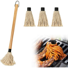 Barbecue Basting Brushes, Grill Basting Mop 18.3inch/46.5CM Wooden Long Handle with 4 Extra Replacement Heads for BBQ Grilling Smoking Steak