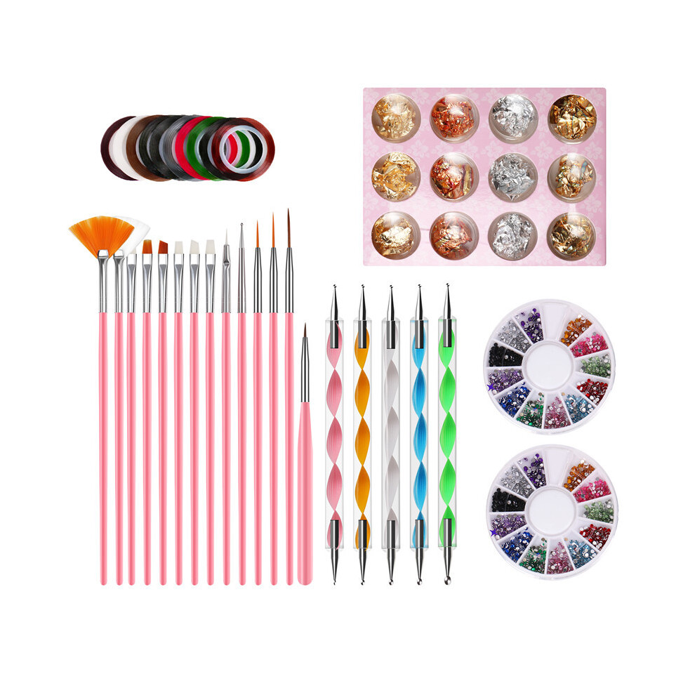 31 Pieces Nail Art Design Kit, 14 Nail Brushes, 5 Dotting Pens, 2 Box Nail Rhinestones, 10 Striping Tape and Gold & Silver Foil for Professional Women-image-OPC-PG5V7V9-NEW