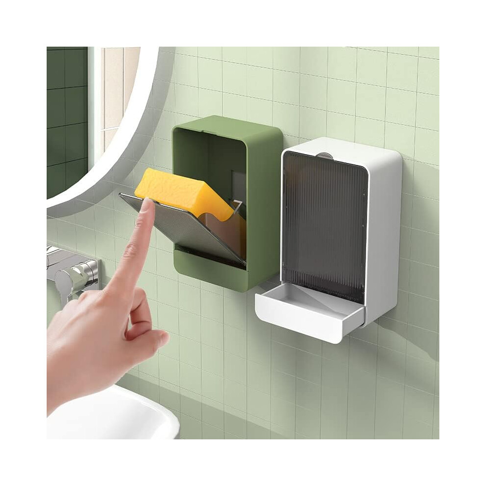 Soap Dish with Lid, Wall Mounted Soap Dish, No Drilling Soap Dish, Removable Drain Tray for Washbasin, Shower, Bathroom, Dark Green-image-OPC-PG5V866-NEW