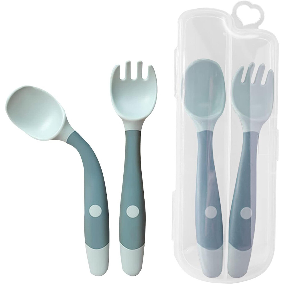 Lifeasy 2Pcs Infant Training Spoon And Fork, Flexible And Heat Resistant Easy To Grip Learning Spoon, Fork For Kids (Blue)