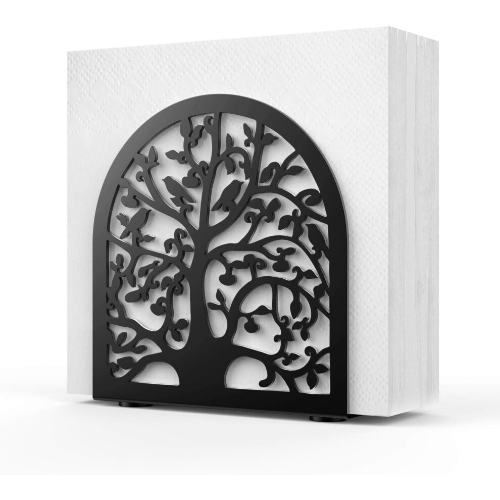 Porte-serviettes en papier avec motif d'arbre creux et d'oiseau, distributeur de mouchoirs pour table à manger, comptoir de cuisine et salon - Noir
