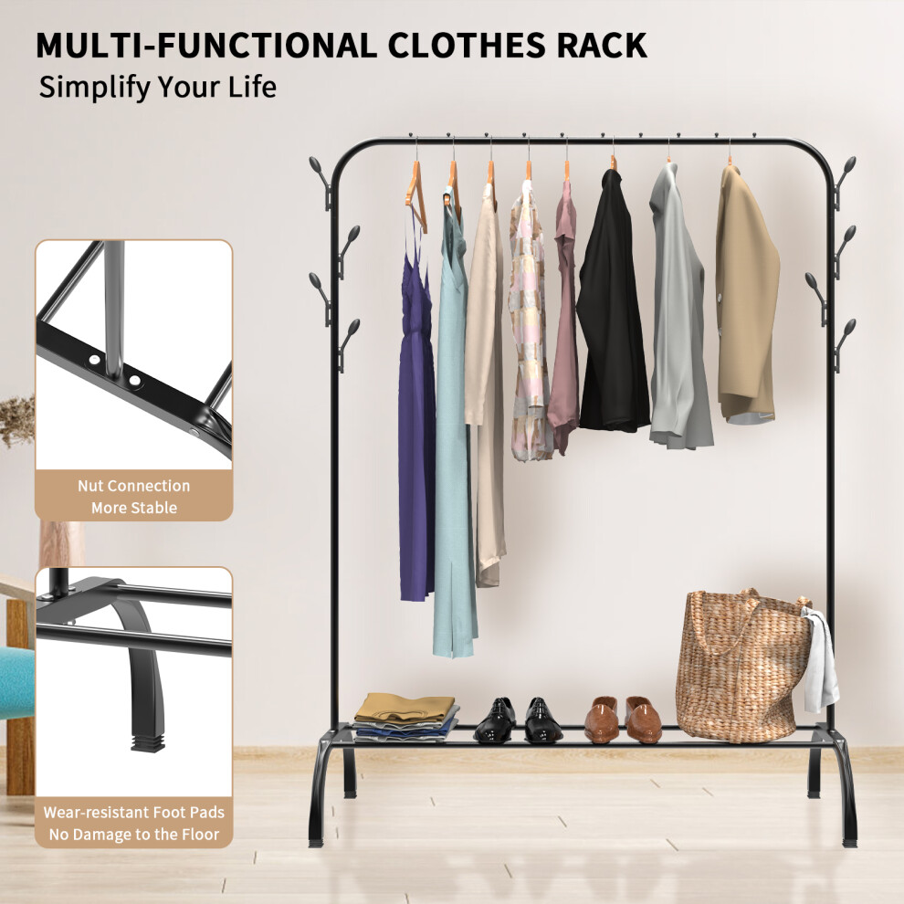 (Single Rail) Multifunctional Metal Clothes Rail - 110cm Heavy Duty Clothing Garment Rack with Bottom Rack and Hooks for Hanging Coats, Skirts, and Shirts