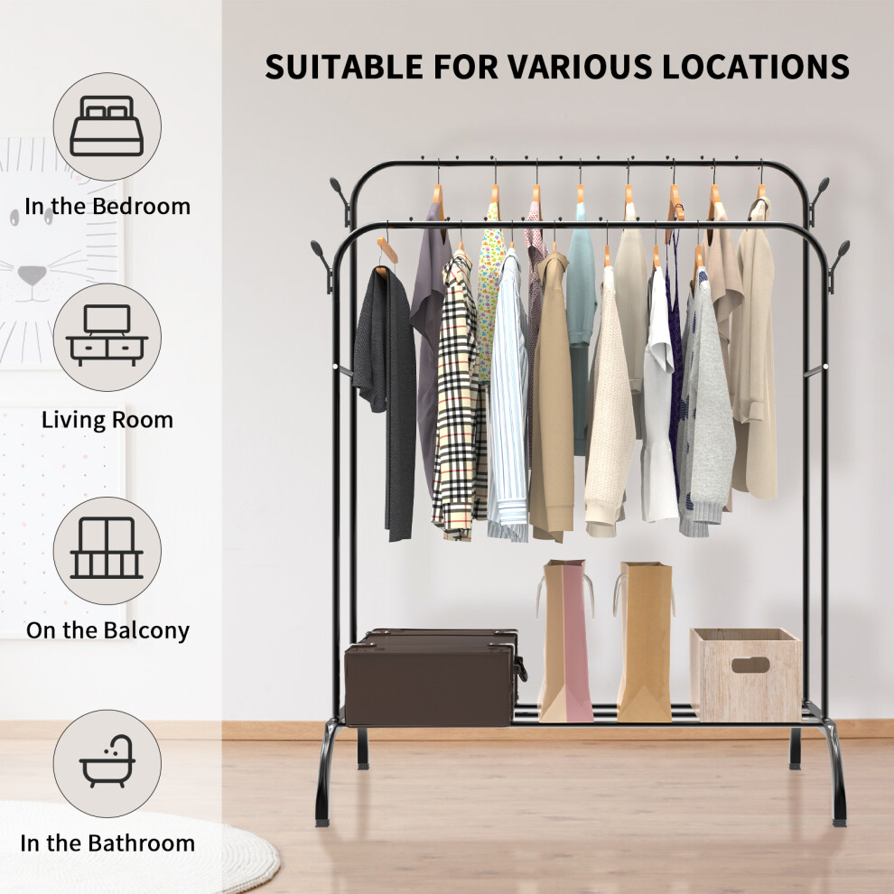 (Double Rail) Multifunctional Metal Clothes Rail - 110cm Heavy Duty Clothing Garment Rack with Bottom Rack and Hooks for Hanging Coats, Skirts, and Shirts