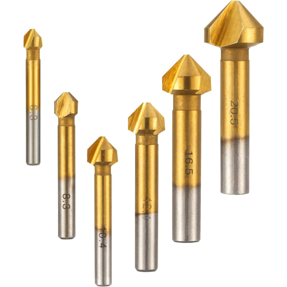 6 Pcs Hss Countersink Cutter 90 Chamfer Countersink 6.3Mm 8.3Mm 10.4Mm 12.4Mm 16.5Mm 20.5Mm Teeth Titanium Coating Tool Cylindrical Deburring Cutter 9113374526920