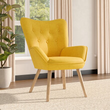 (Yellow) Buttoned Linen Armchair with Wooden Legs