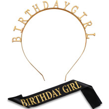 Birthday Headpiece Headband Tiara Girl Gold Satin Birthday Sash for Party Decorations (Gold)
