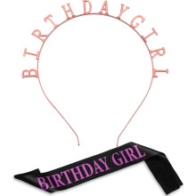 Birthday Headpiece Headband Tiara Girl Gold Satin Birthday Sash for Party Decorations (Rose Gold)