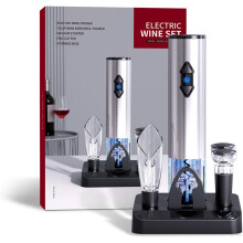Elektrischer Weinöffner, mit Sockel, automatisches Korkenzieher-Set inkl. Vakuumkorken, 4-in-1 wiederaufladbares Geschenk (Silber)