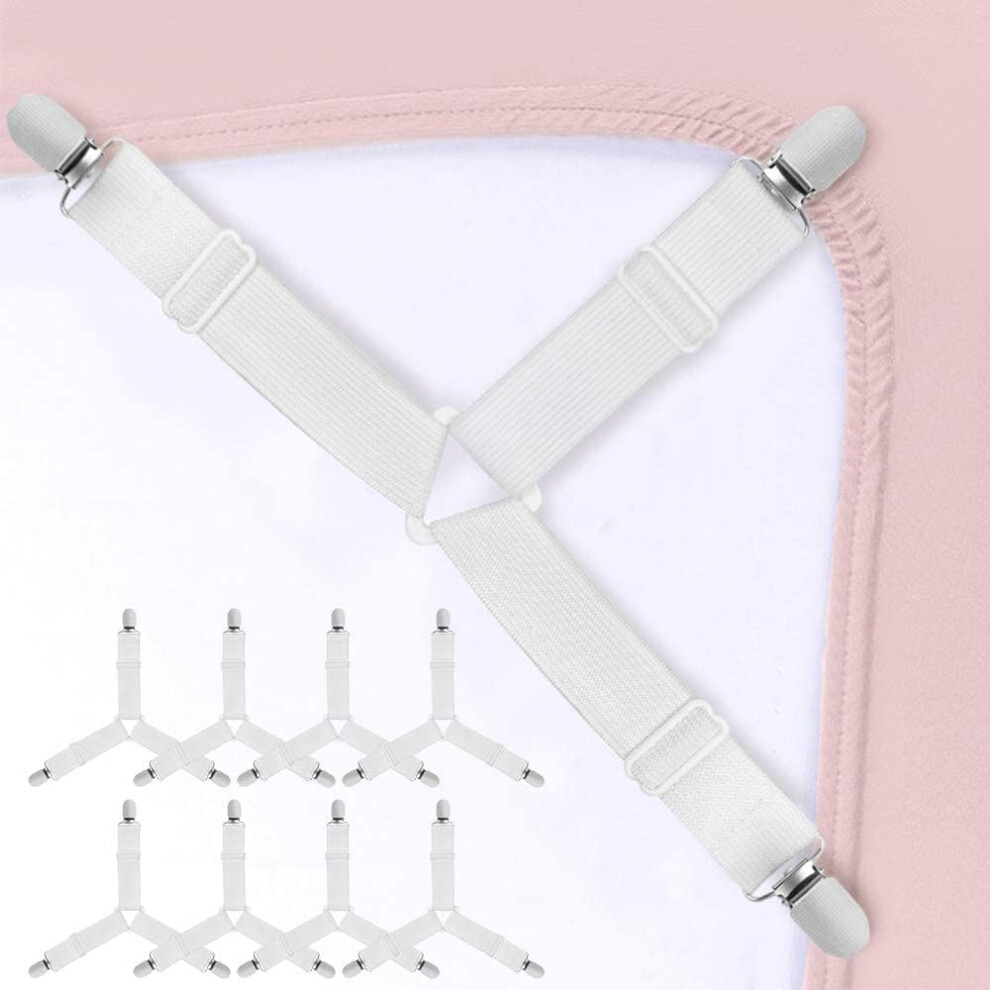 Lot de 8 sangles réglables pour drap de lit, sangles élastiques triangulaires pour drap de lit (blanc)