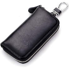 Schlüsseletui aus Leder, Vintage-Schlüsseletui, Schlüsselhalter, Schlüsseletui, Schutzhülle für Damen und Herren mit Reißverschluss, Schwarz