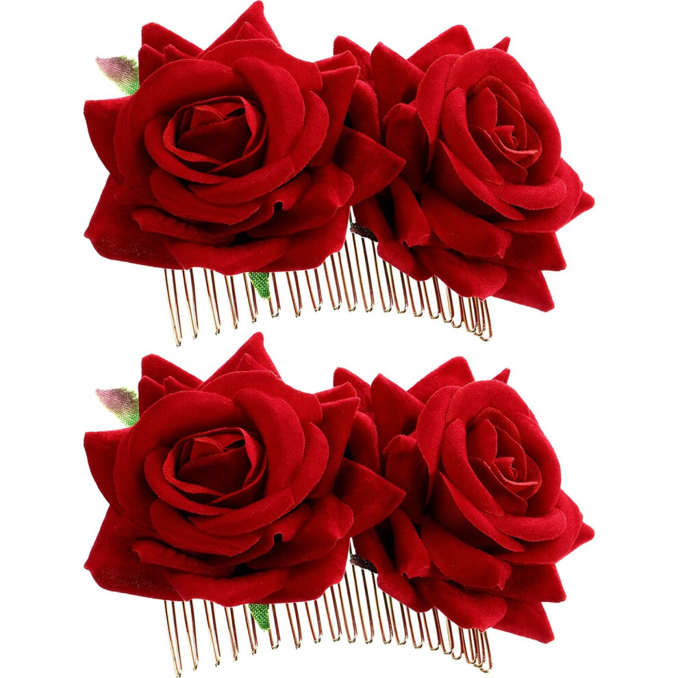 Lot de 2 pinces à cheveux en forme de rose pour femme, accessoires de cheveux de mariage, pince à cheveux pour danseuse de flamenco (rouge)