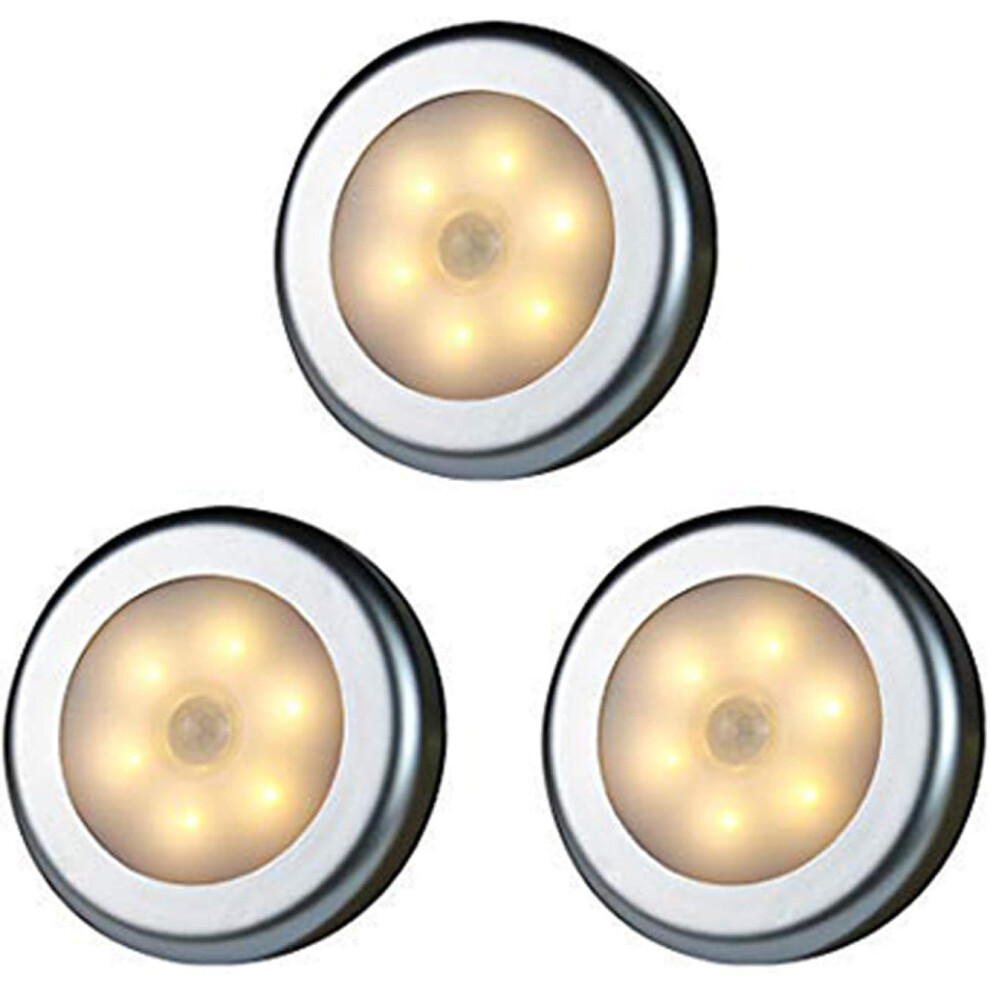 Lumière LED sans fil avec détecteur de mouvement pour placard, escaliers, couloir, cuisine, chambre (3 pièces) (coque argentée (lumière chaude)