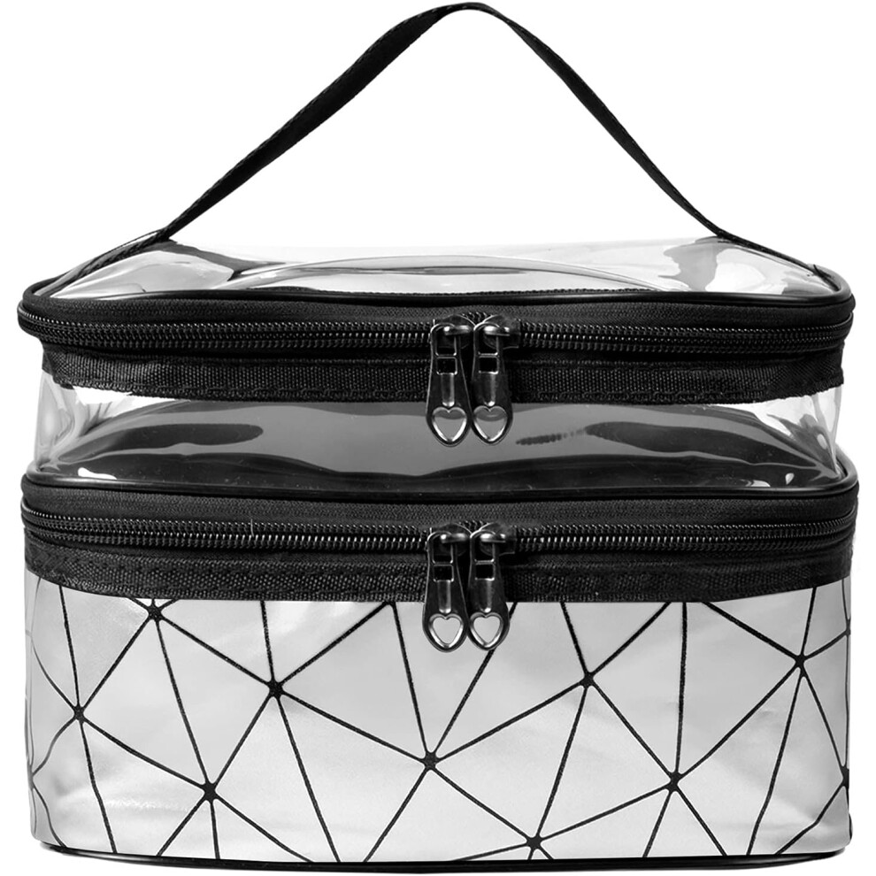 Lifeasy Silver Toiletry Bag Travel Makeup Bag Waterproof Pu Portable Travel Cosmetic Bag Double Layer Storage Bag Toiletry Organizer For Women Men,