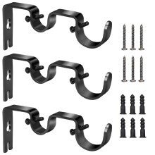 Supporto per asta per tenda per impieghi gravosi, supporto per asta doppia, asta da 1" e 5/8", non regolabile, set da 3. (Nero)