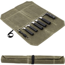 Borsa portacoltelli in pelle Frank per chef, 7 scomparti, grande rotolo per coltelli - Borsa portacoltelli da chef con maniglia e tracolla - Verde oli